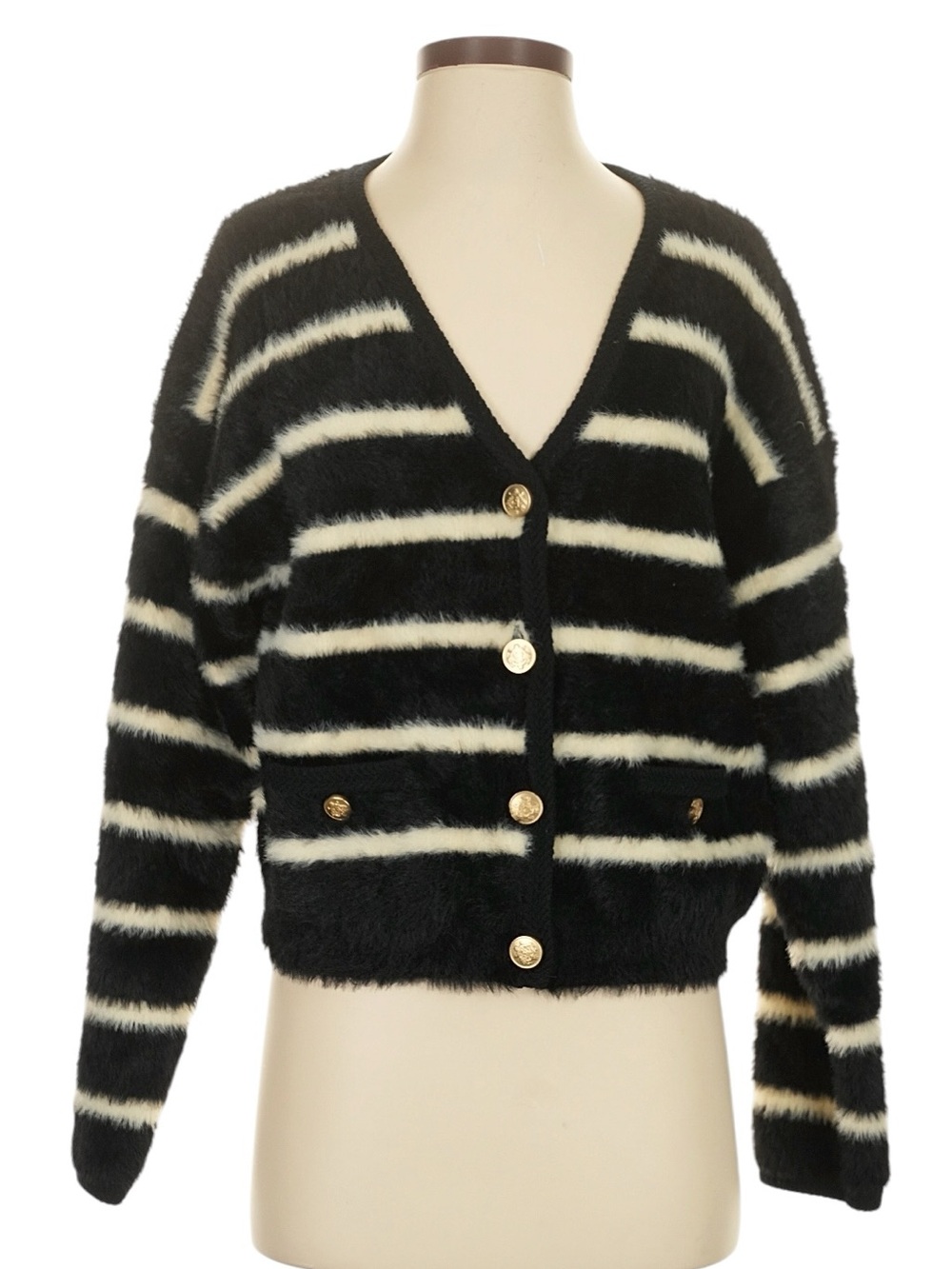 J. Crew Sweater Lady Jacket in Striped Brushed Yarn XS Black White Stripes Plush